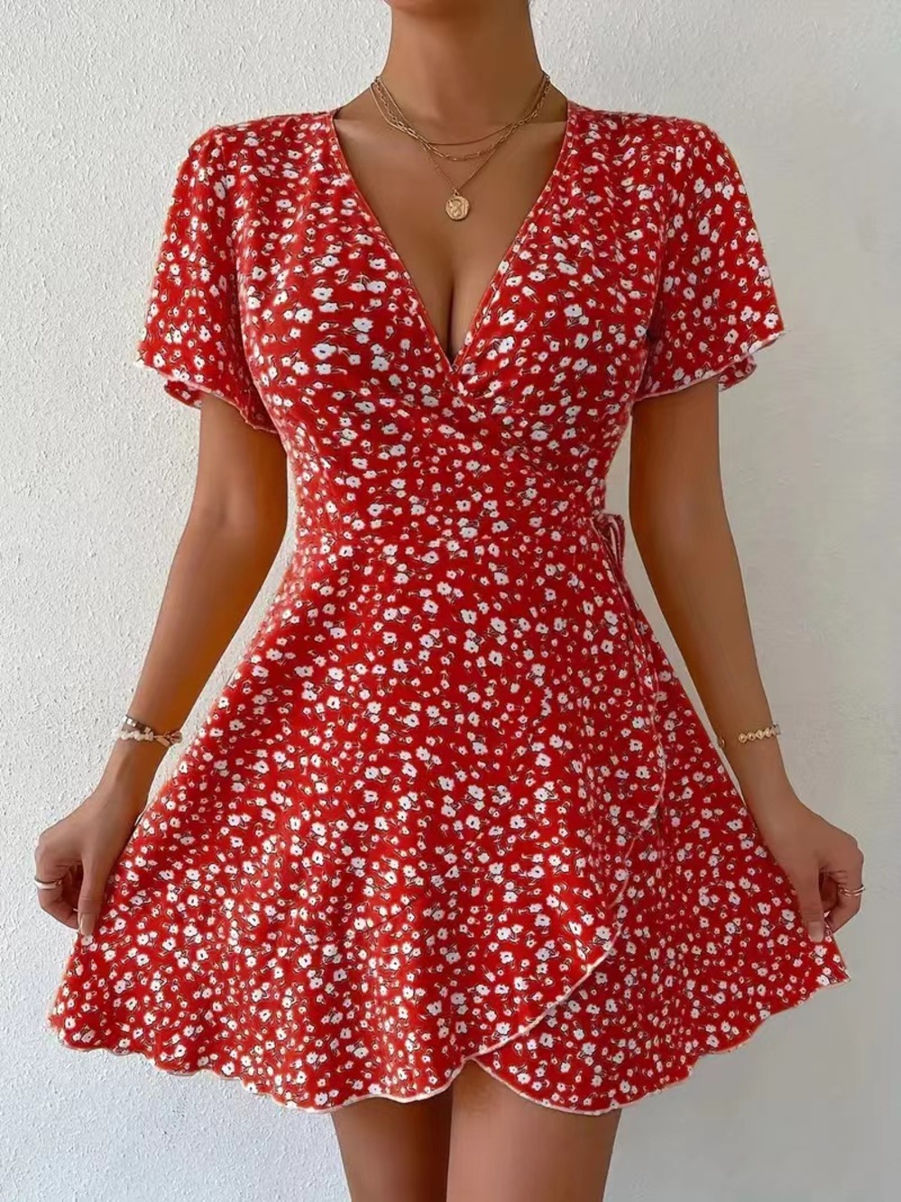 Women's Red Floral V-Neck Short-Sleeve Tie-Waist Mini Dress - Picture 2 of 2